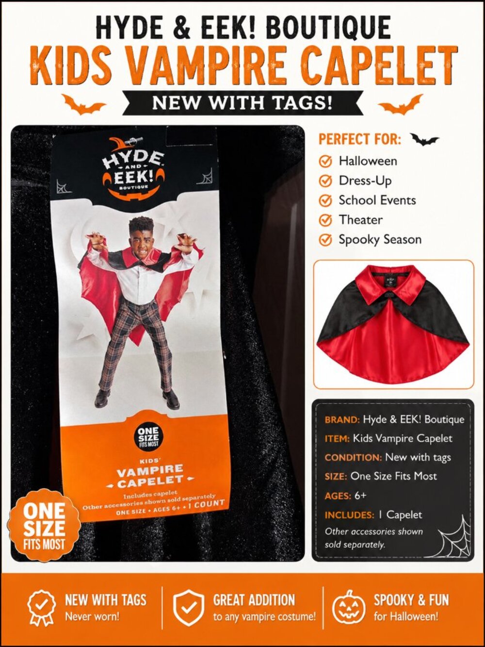 Hyde & EEK! Boutique Kids Vampire Capelet Costume Accessory One Size NWT Hallowe
